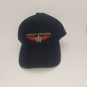 Vintage Harley Davidson Cap Black Wool Hat  Fitted Size 7 3/8  Script Logo Star